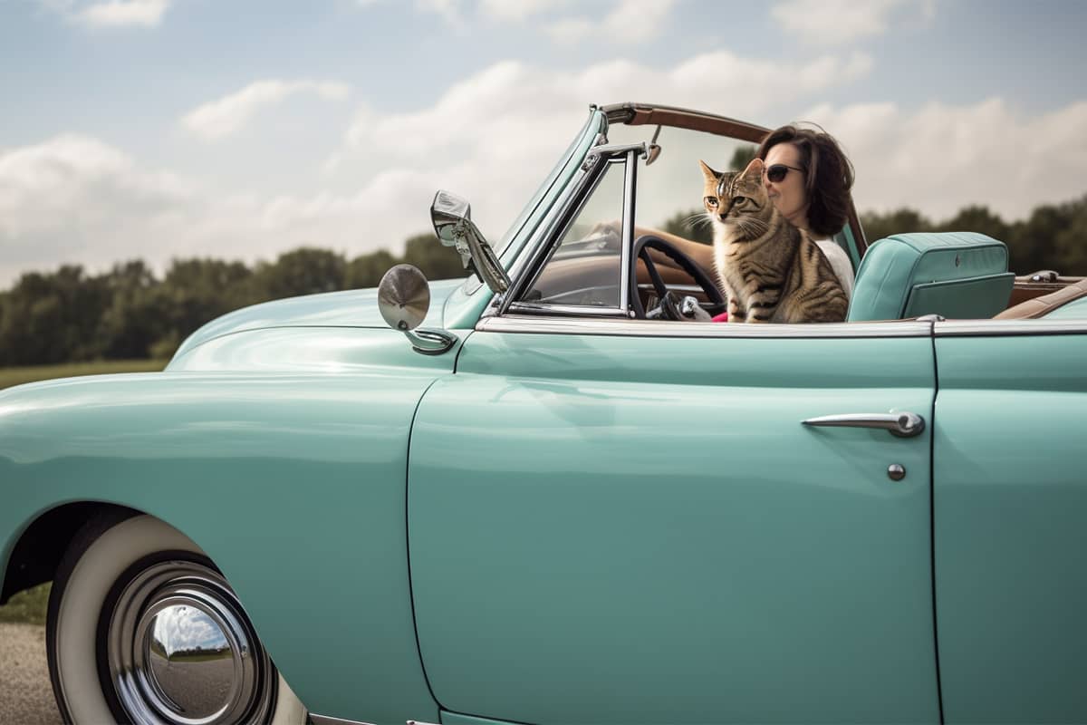 blog cat riding in classic car with woman