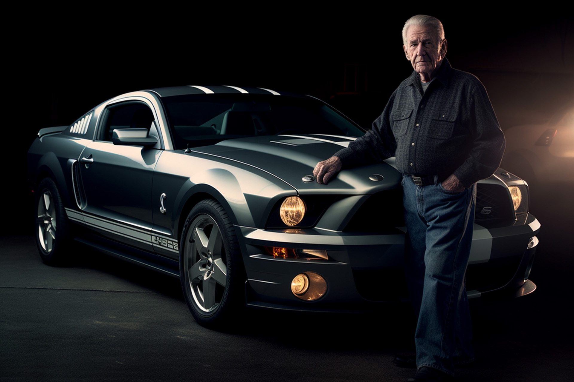 Happy Senior Citizen with his beloved Ford Mustang GT Muscle Car
